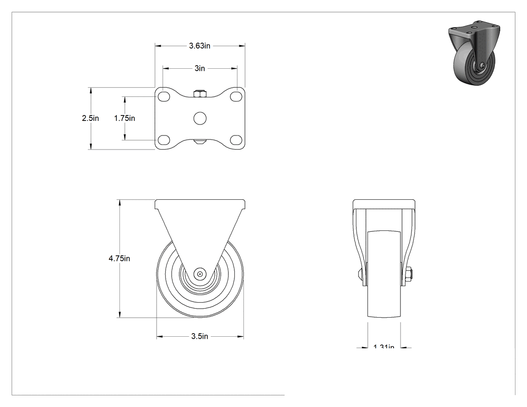 Teknik Çizim - Cart-King Tekerlek, 3-1/2" Çaplı Sert Gri Kauçuk Tekerlekli Sert