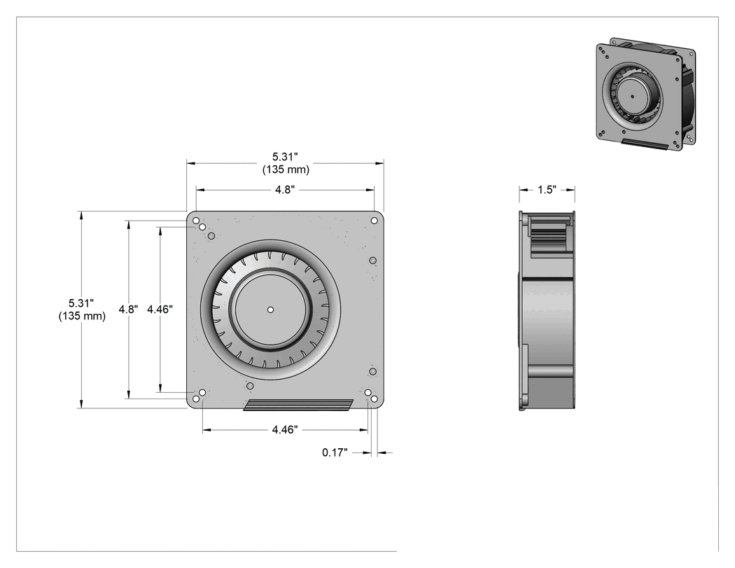 Teknik Çizim - Edge-Flow Ekipman Soğutma Fanı, 12V DC, 5.31" Kare