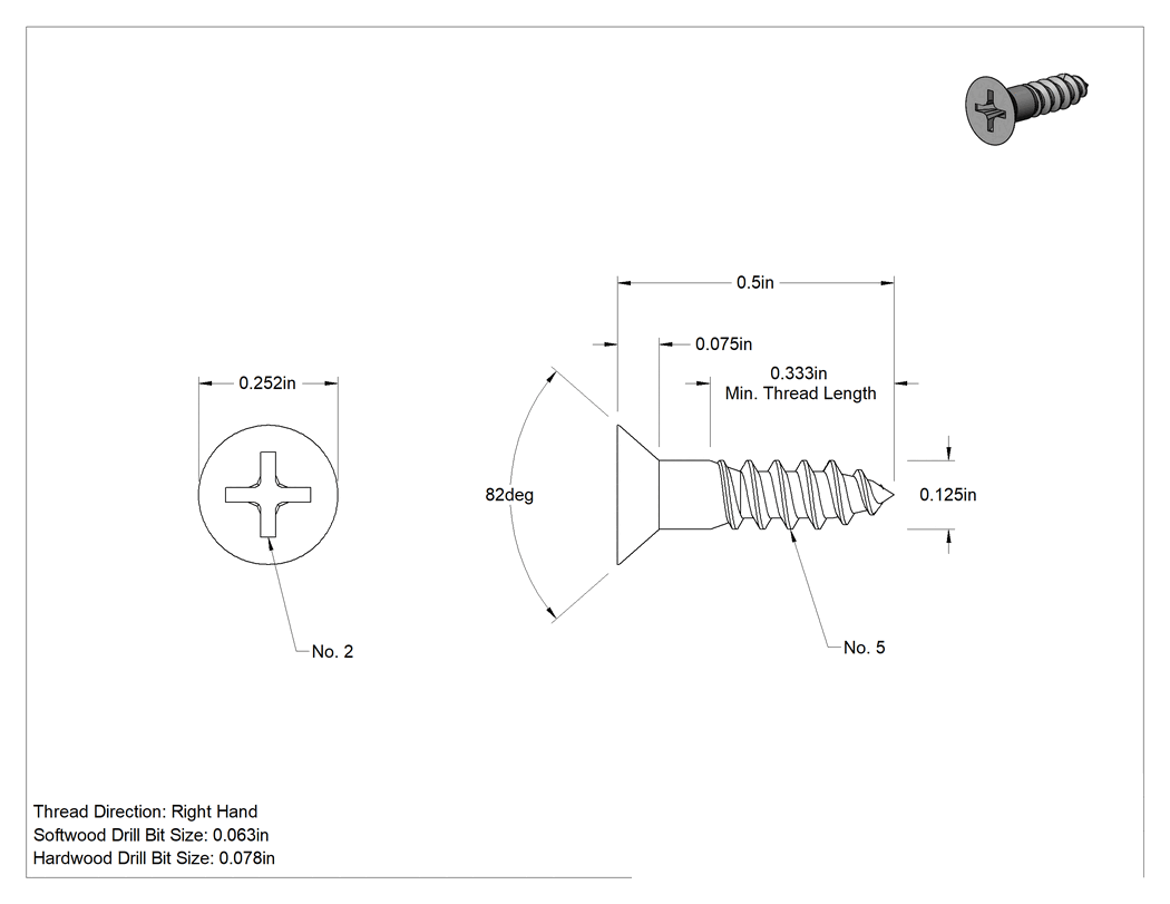 Teknik Çizim - Ahşap için Pirinç Phillips Havşa Başlı Vidalar, 5 Numara, 1/2" Uzunluk
