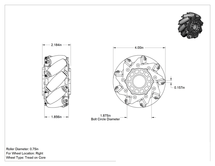 Teknik Çizim - Çok Yönlü Tekerlek, Sağ, 4" Çap x 2-3/16" Genişlik