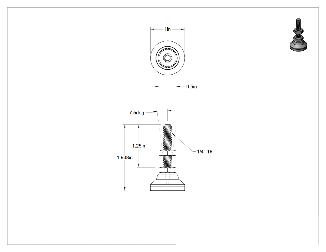 Teknik Çizim - Dişli Saplamalı Yüksek Kapasiteli Döner Seviyeleme Bağlantı Elemanları, Lastik Yastıklı ve 1-1/4" Uzunlukta 1/4"-16 Dişli Çelik Saplamalı