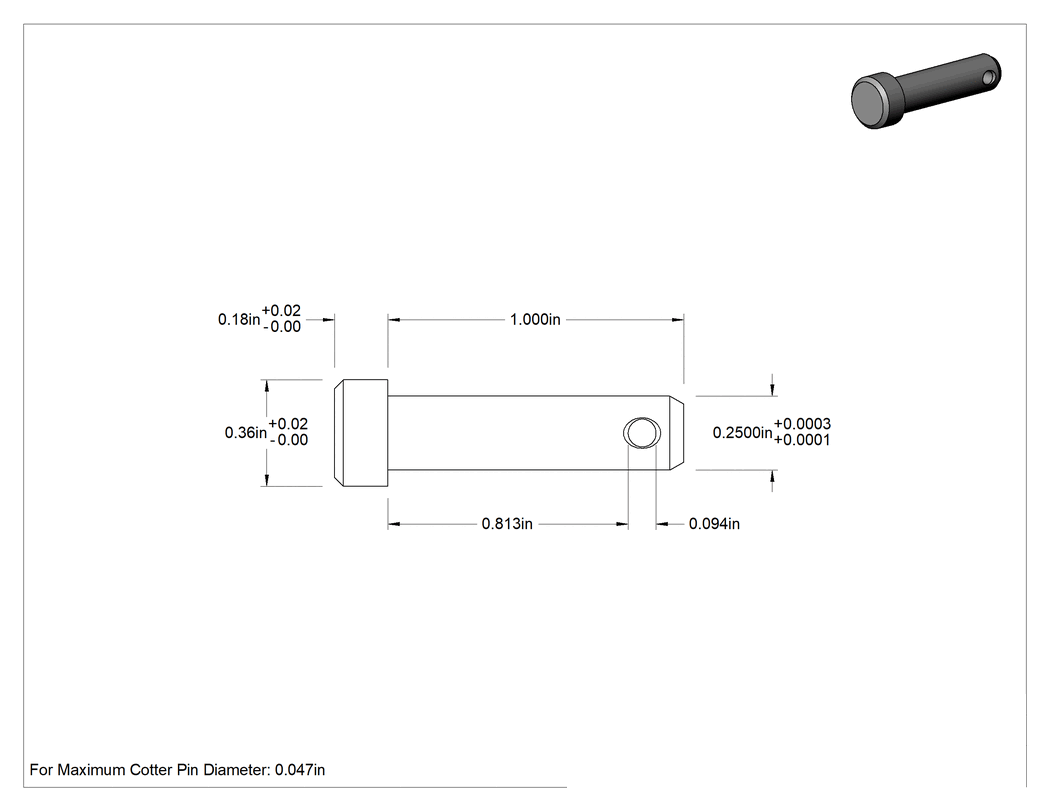 Teknik Çizim - 4140 Alaşımlı Çelik Hassas Çatal Pim, 1/4" Çap, 13/16" Kullanılabilir Uzunluk