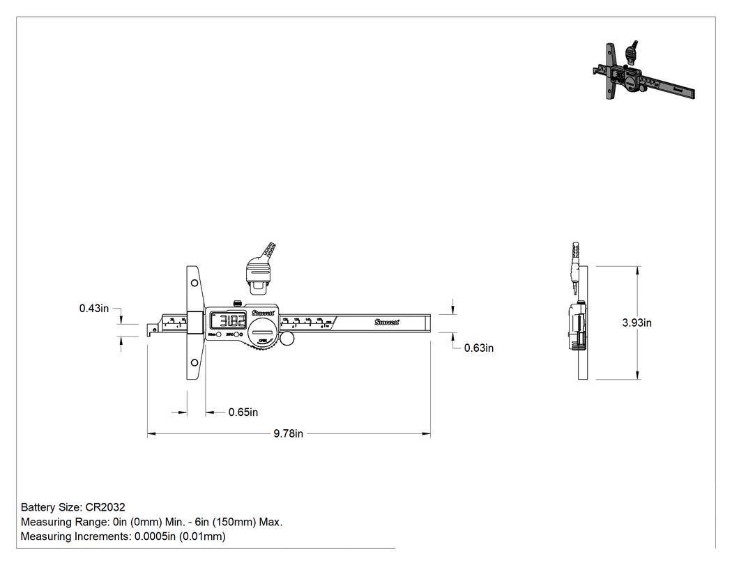 Teknik Çizim - Starrett Elektronik Derinlik Ölçerler, 0" ila 6" Ölçüm Aralığı