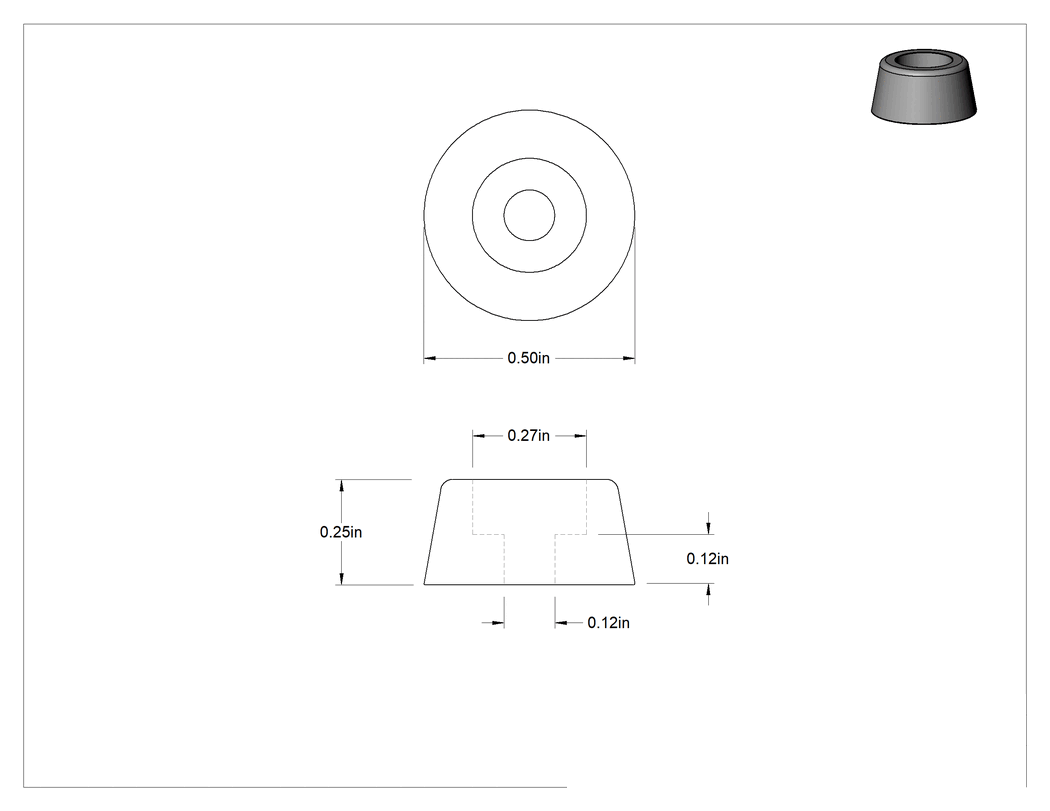 Teknik Çizim - Dişsiz Delikli Plastik Tamponlar, 1/2" Dış Çap, 1/4" Yükseklik