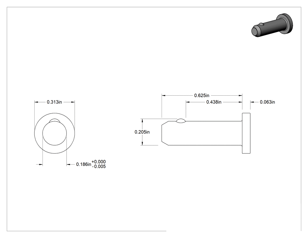 Teknik Çizim - Düz Başlı Hızlı Açma Pimleri, 18-8 Paslanmaz Çelik, 3/16" Çap, 7/16" Kullanılabilir Uzunluk