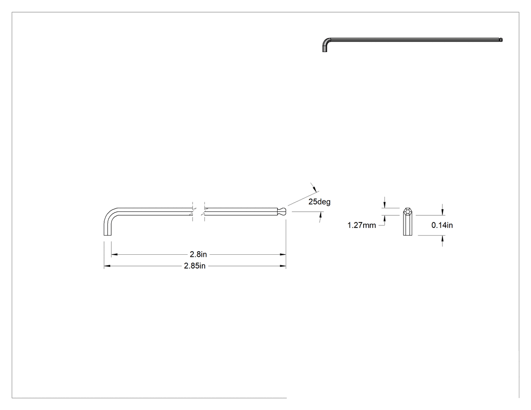 Teknik Çizim - Kısa Açılı Tahrikli Top Uçlu Altıgen L Anahtarı, Siyah Fosfat Kaplama, 1.27 mm Tahrik Boyutu, 2-7/8" Toplam Uzunluk