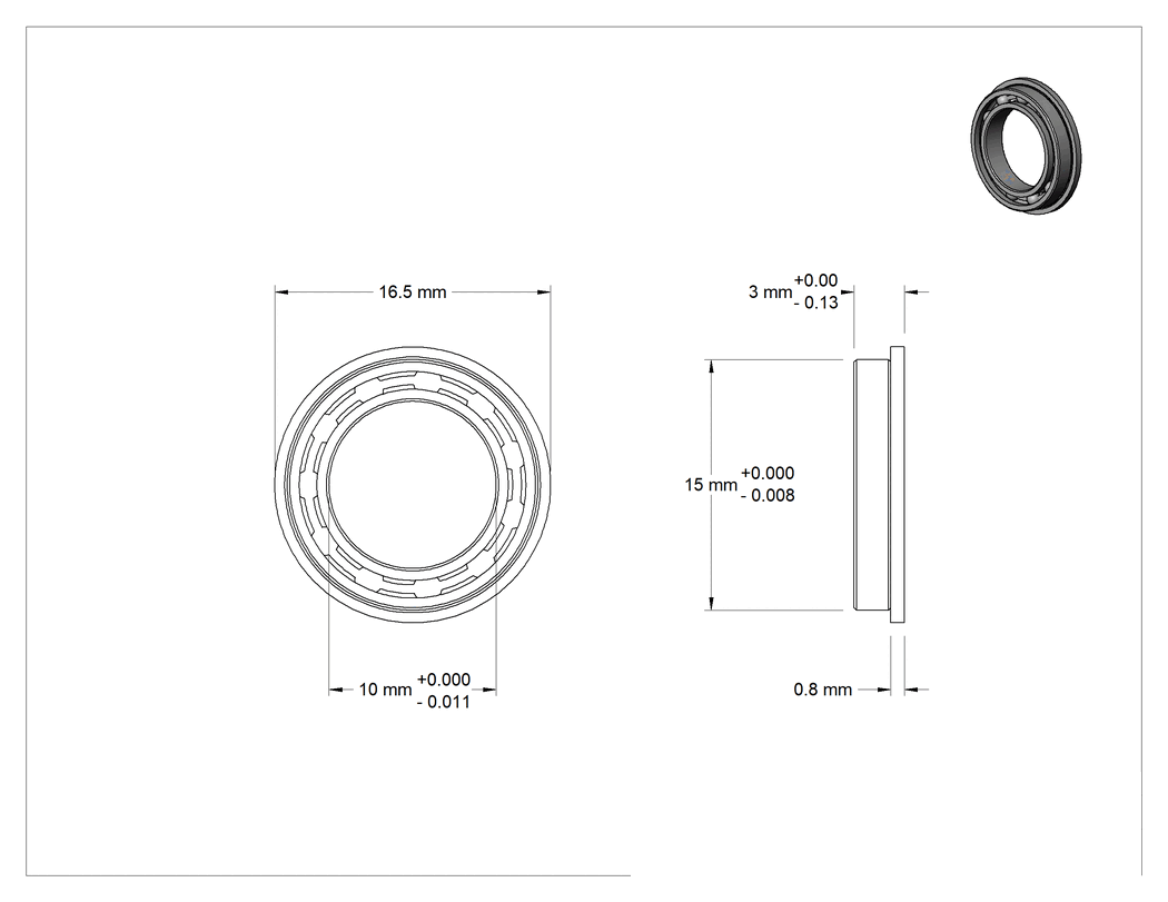 Teknik Çizim - Flanşlı Bilyalı Rulman, 440C Paslanmaz Çelik Halkalı, Açık, 10 mm Mil Çapı için, 3 mm Genişlik
