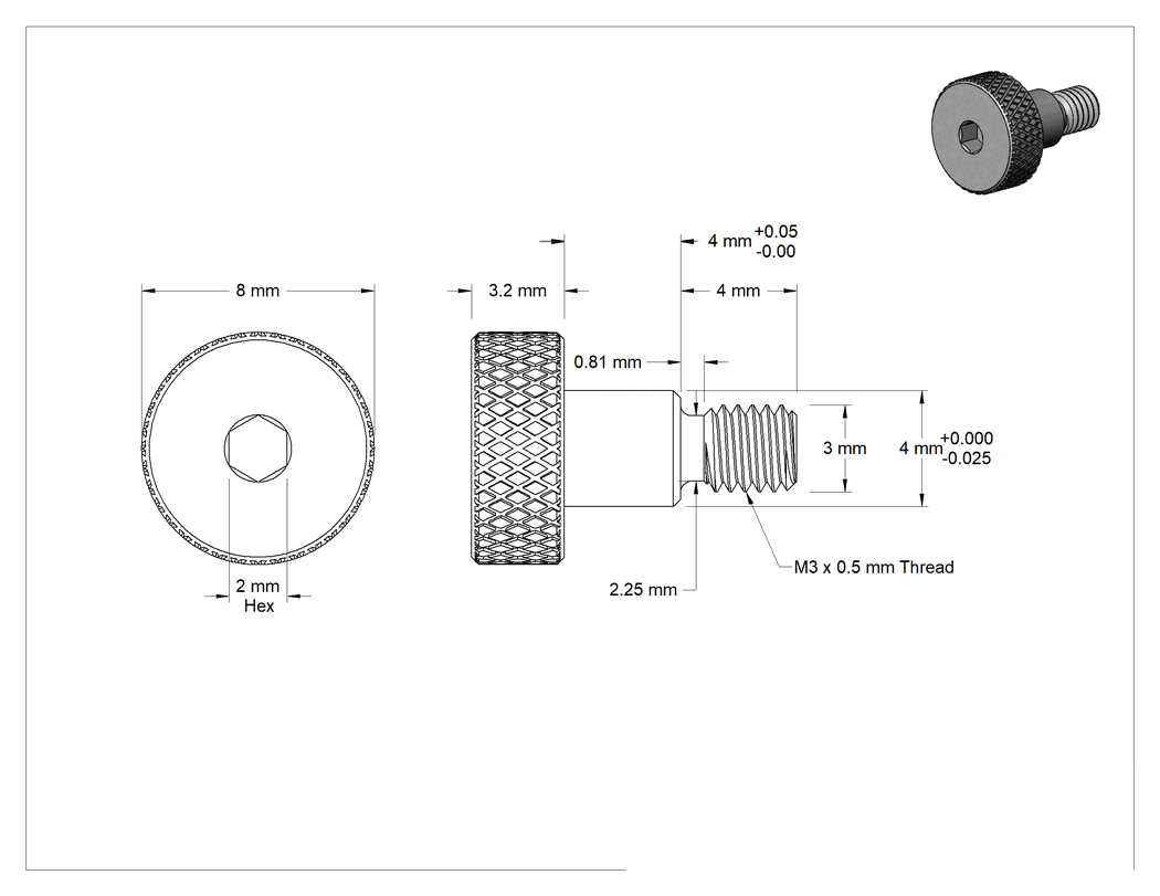 Teknik Çizim - Başparmak Tutamaklı 18-8 Paslanmaz Çelik Hassas Omuzlu Vida, 4 mm Omuz Çapı, 4 mm Omuz Uzunluğu, M3 x 0.5 mm Dişli