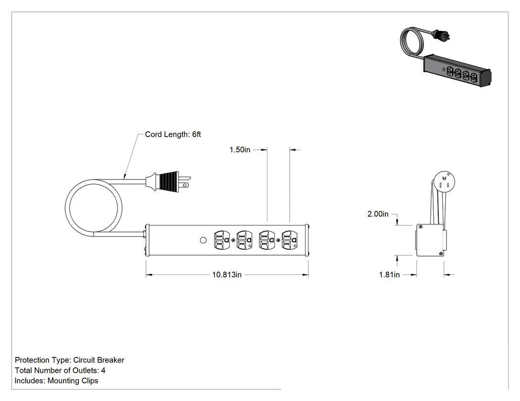 Teknik Çizim - Sure-Grip Priz Şeridi, 4 Çıkış, 1-1/2" Çıkış Merkezden Merkeze Mesafesi, 6 Fit Uzunlukta Kablo