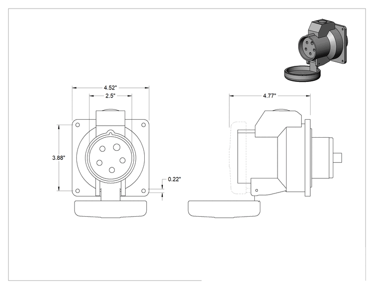 Teknik Çizim - IEC Güvenli Kopma Pimli ve Manşonlu Konektör, Priz, 4W5P, 2.5" Yüz Çapı, 277/480V AC, 3 Fazlı