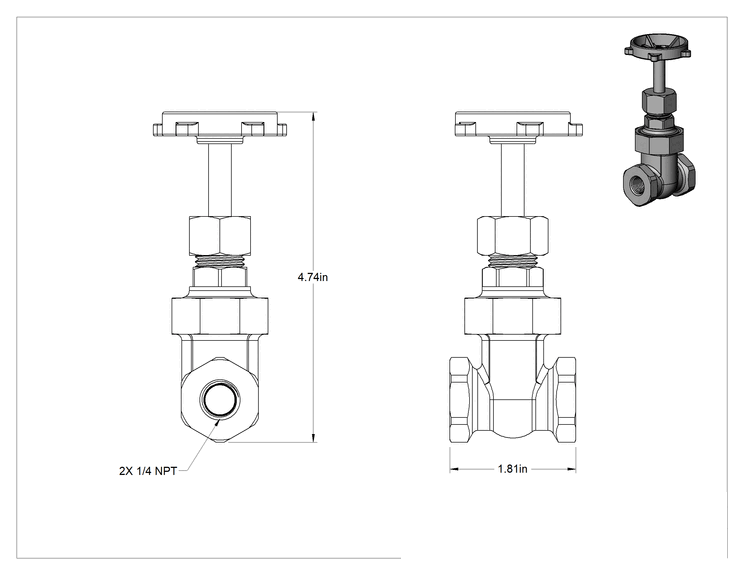Teknik Çizim - Bronz Gövde ve Sürgülü Kademeli Açma/Kapama Vanası, Tekerlek Kolu ve Yükselmeyen Mil, Sınıf 200, 1/4 NPT Dişi