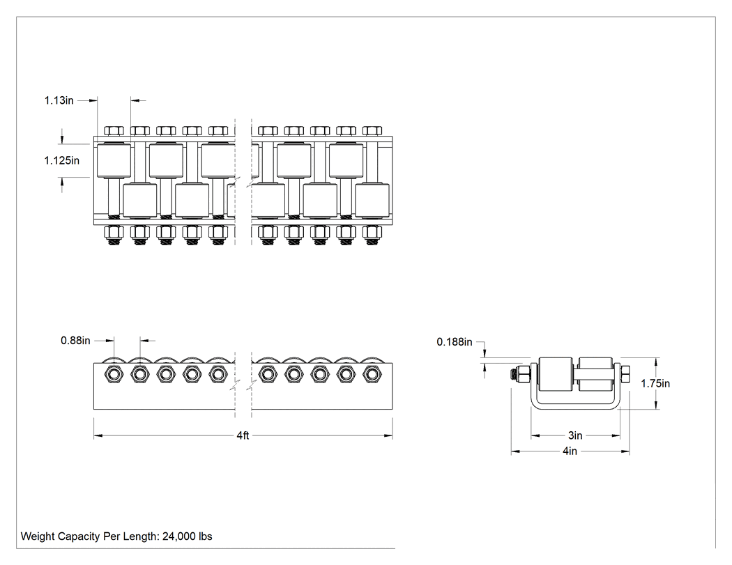 Teknik Çizim - Ağır Hizmet Tipi Akış Rayı, 4 Fit Uzunluk, 24000 lbs. Kapasite