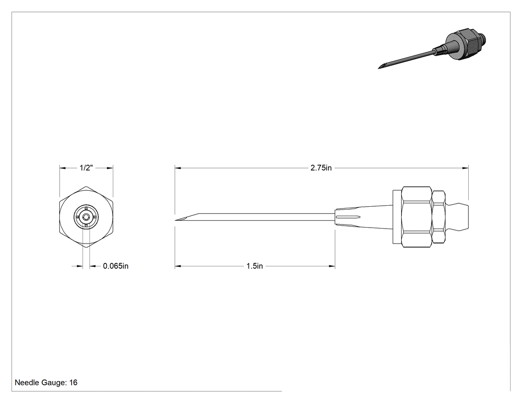 Teknik Çizim - Hassas Gres Tabancası Ucu Adaptörü, Rigid, 0.065" İğne Dış Çapı, 2-3/4" Uzunluk