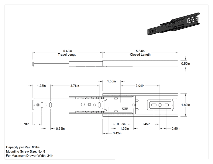 Teknik Çizim - Kolu ile Açılan Çelik Çekmece Kılavuzları, 5-13/16" Kapalı Uzunluk, 5-7/16" Hareket Uzunluğu