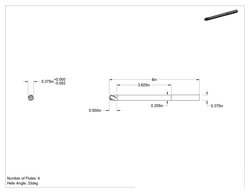 Teknik Çizim - Uzun Uçlu Hızlı Kesim Karbür Küresel Uçlu Freze, AlTiN Kaplamalı, 4 Yiv, 3/8" Freze Çapı, 6" Toplam Uzunluk