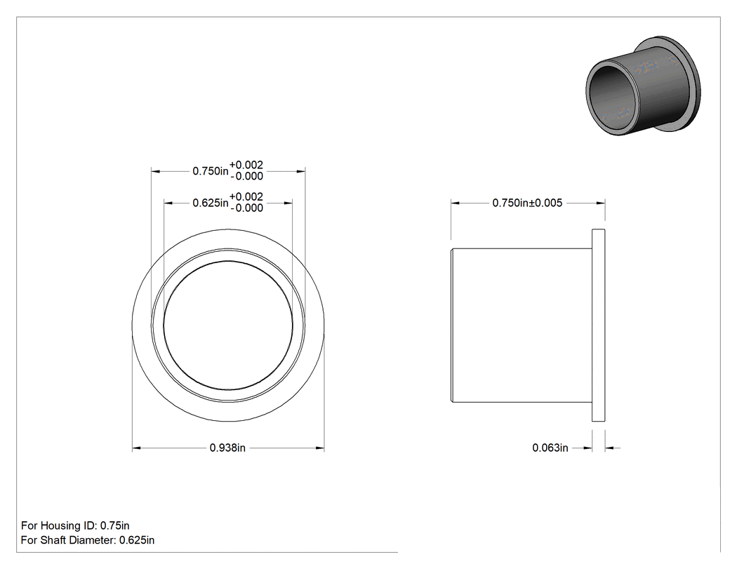 Teknik Çizim - Neme Dayanıklı Kuru Çalışan Flanşlı Burçlu Yatak, 5/8" Çap ve 3/4" Gövde İç Çapı için, 3/4" Uzunluk, 1/16" Flanş Kalınlığı