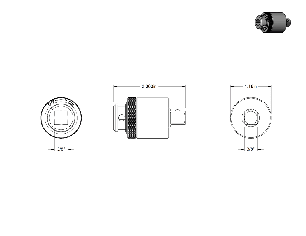 Teknik Çizim - Cırcırlı Soket Adaptörleri, 3/8" Kare Tahrik
