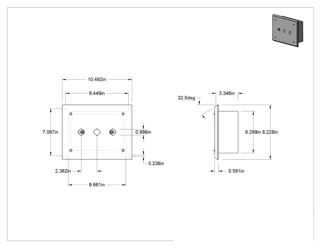 Teknik Çizim - 316L Paslanmaz Çelik Hijyenik Basmalı Düğme Muhafazası, Gömme Montaj, 22 mm basma düğmesi için, 3 Delik
