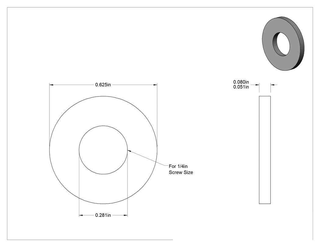 Teknik Çizim - Alüminyum SAE Pul, 1/4" Vida Boyutu için, 0.281" İç Çap, 0.625" Dış Çap