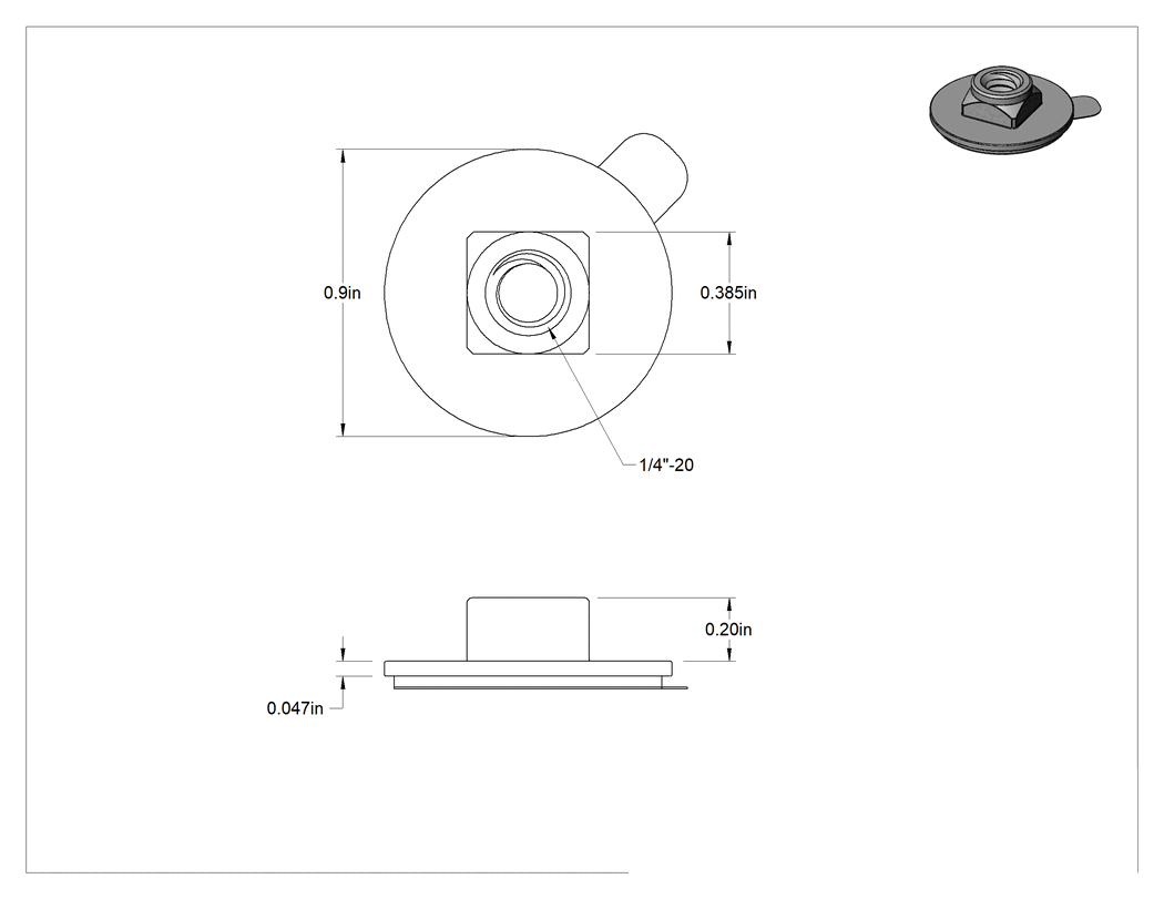 Teknik Çizim - Çinko Kaplamalı Çelik Yapışkan Sırtlı Somunlar, 1/4"-20 Diş Boyutu, 29/32" Taban Çapı