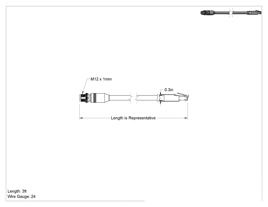 Teknik Çizim - Ethernet Kablosu, a Kodlu M12 x RJ45 Fişli, 3 Fit Uzunluk