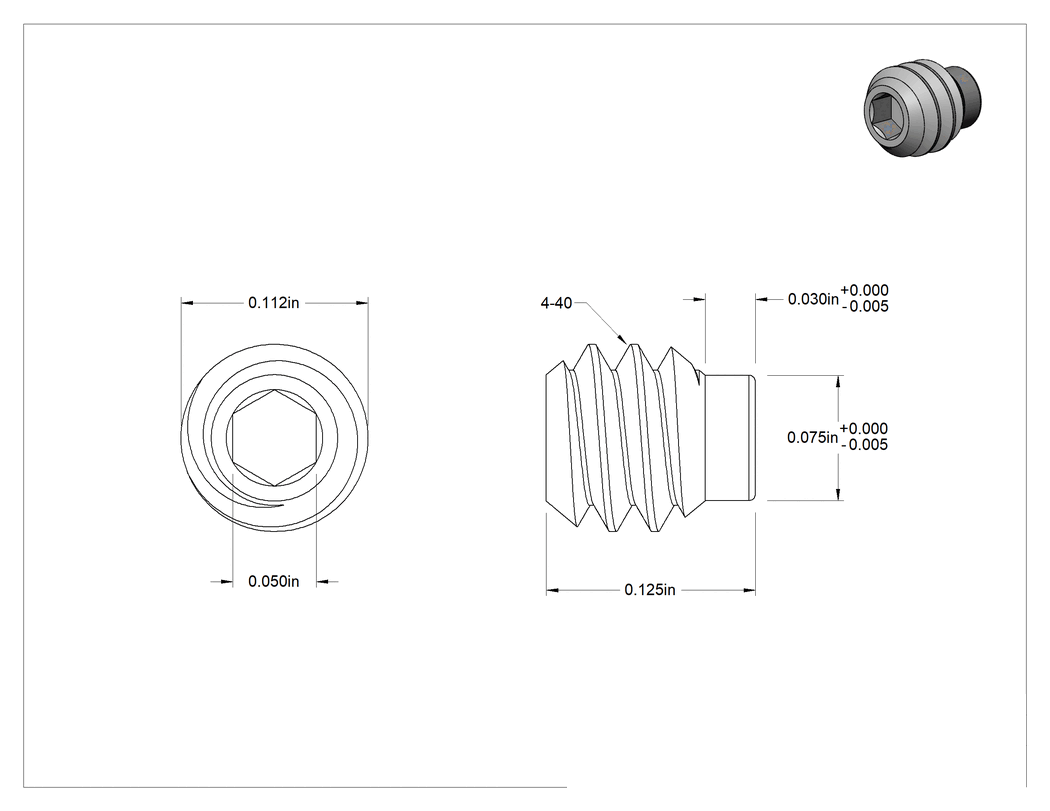 Teknik Çizim - Uzatılmış Uçlu Setskur, Yüksek Korozyon Dirençli 316 Paslanmaz Çelik, 4-40 Diş, 1/8" Uzunluk