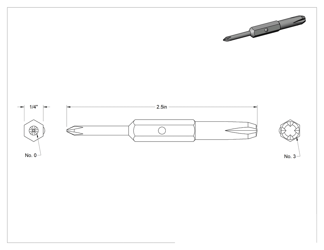 Teknik Çizim - Çift Yönlü Uç, Bilyalı Tespitli, 1/4" Altıgen Şaft, 0 Numaralı x 3 Numaralı Phillips