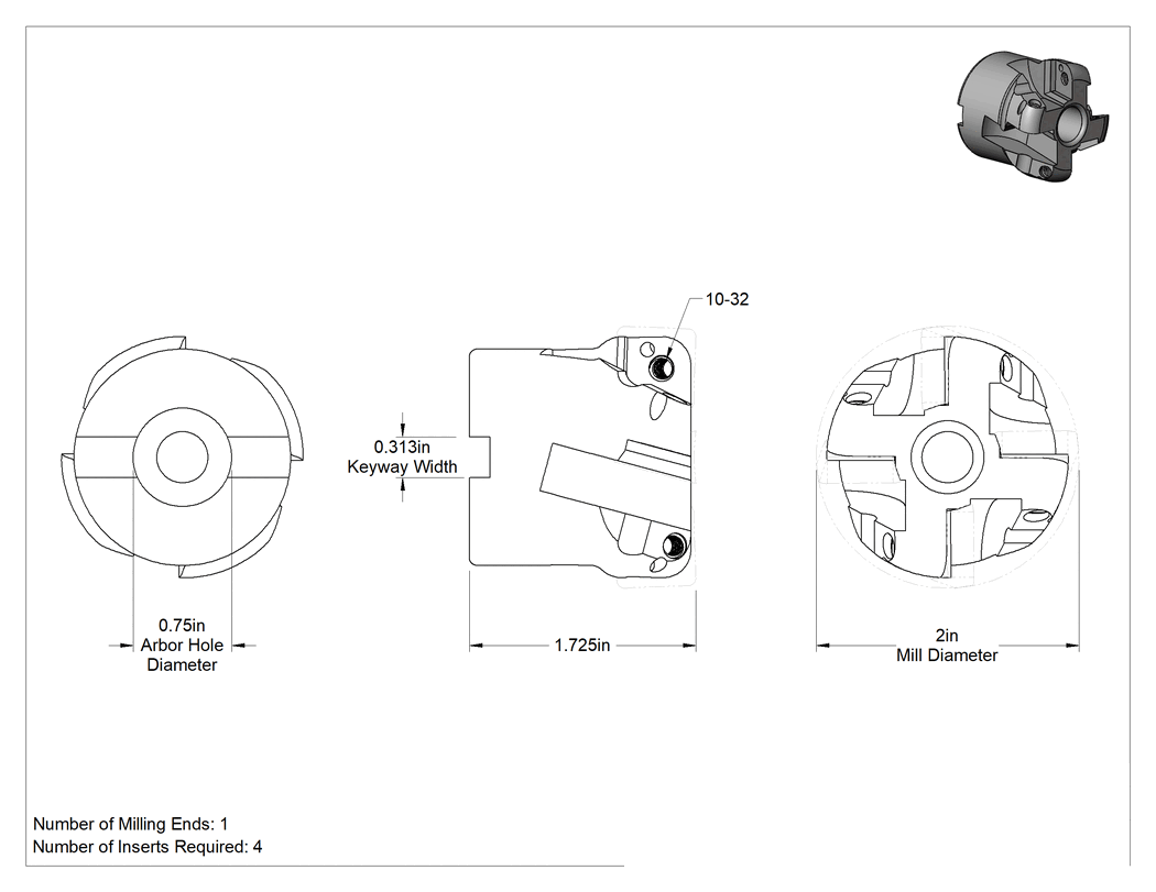 Teknik Çizim - 1-23/32" Kalınlık x 2" Çap Değiştirilebilir Karbür Uçlu Freze Bıçağı için Freze Tutucu