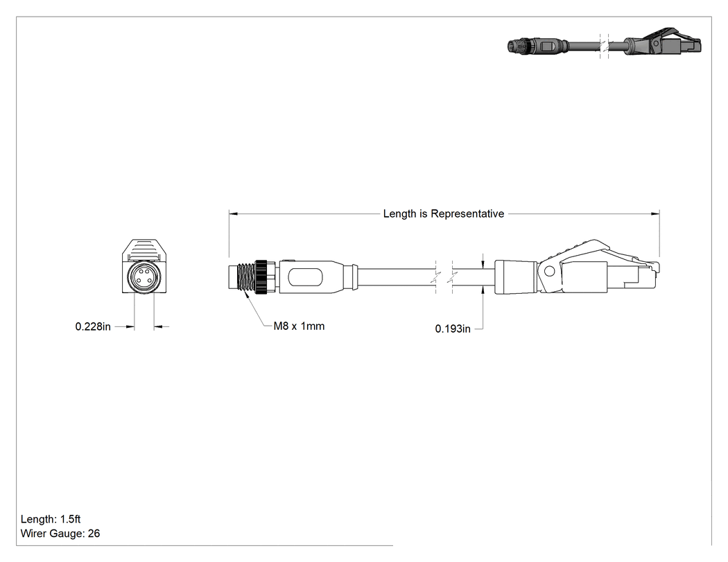 Teknik Çizim - M8 ve RJ45 Konektörlü Ethernet Kablosu, 1-1/2 Fit Uzunluk