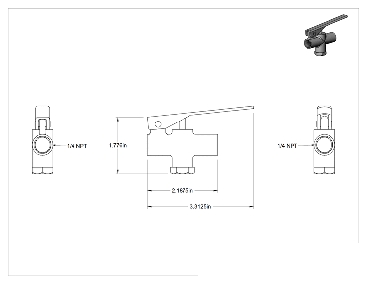 Teknik Çizim - Pirinç Gövde Çıtçıtlı Dişli Açma/Kapama Vanası, İtmeyle Çalıştırılan Kol ve Kalın Yaylı, 1/4 NPT Dişi