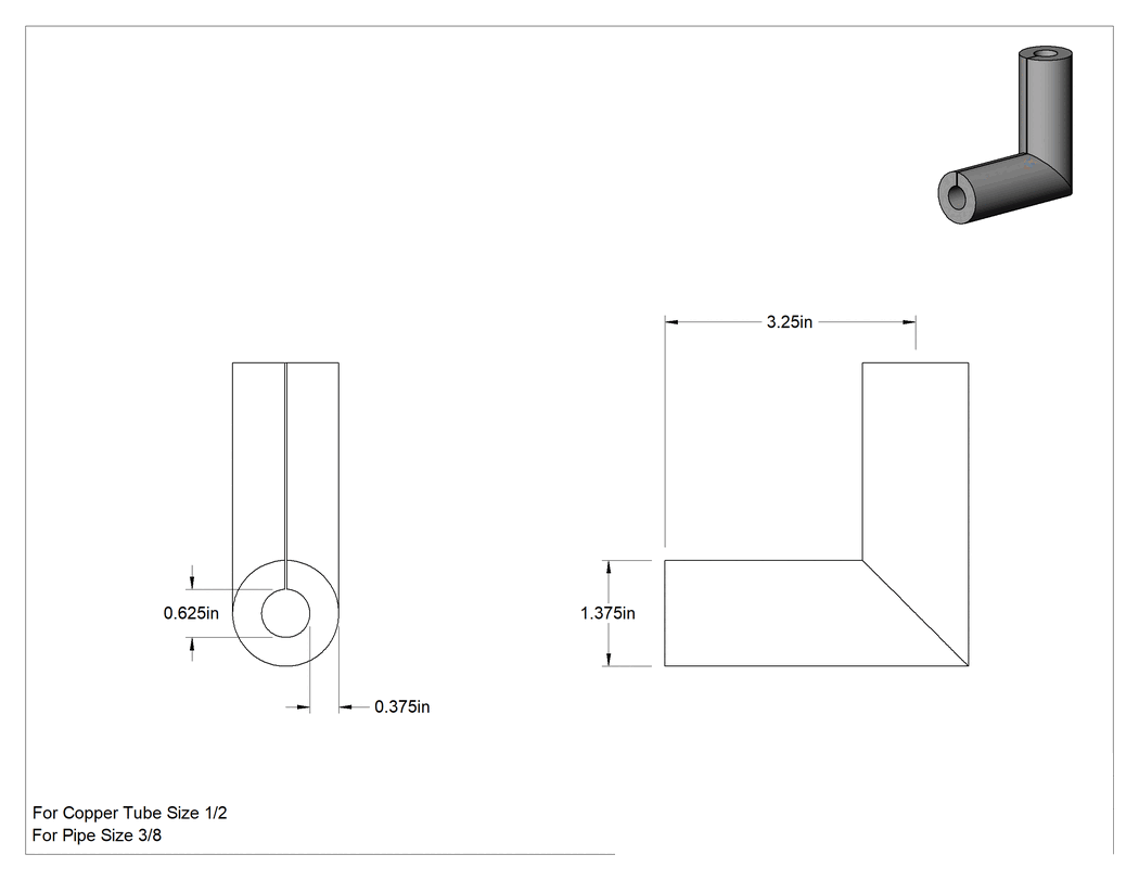 Teknik Çizim - Esnek Kauçuk Köpük Boru Yalıtımı, Dirsek, 3/8" Kalınlığında Duvar, 5/8" İç Çap