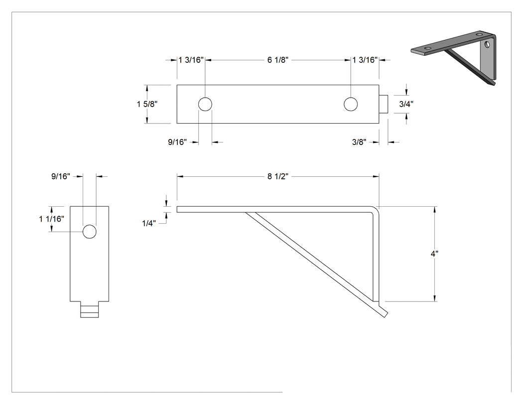 Teknik Çizim - Strut Kanalı Raf Braketi, 304 Paslanmaz Çelik, 8-1/2" Uzunluk