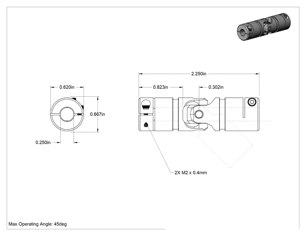 Teknik Çizim - Kelepçeli Tekli U-Mafsal, 1/4" Çap x 13/16" Derinlikte Mil için