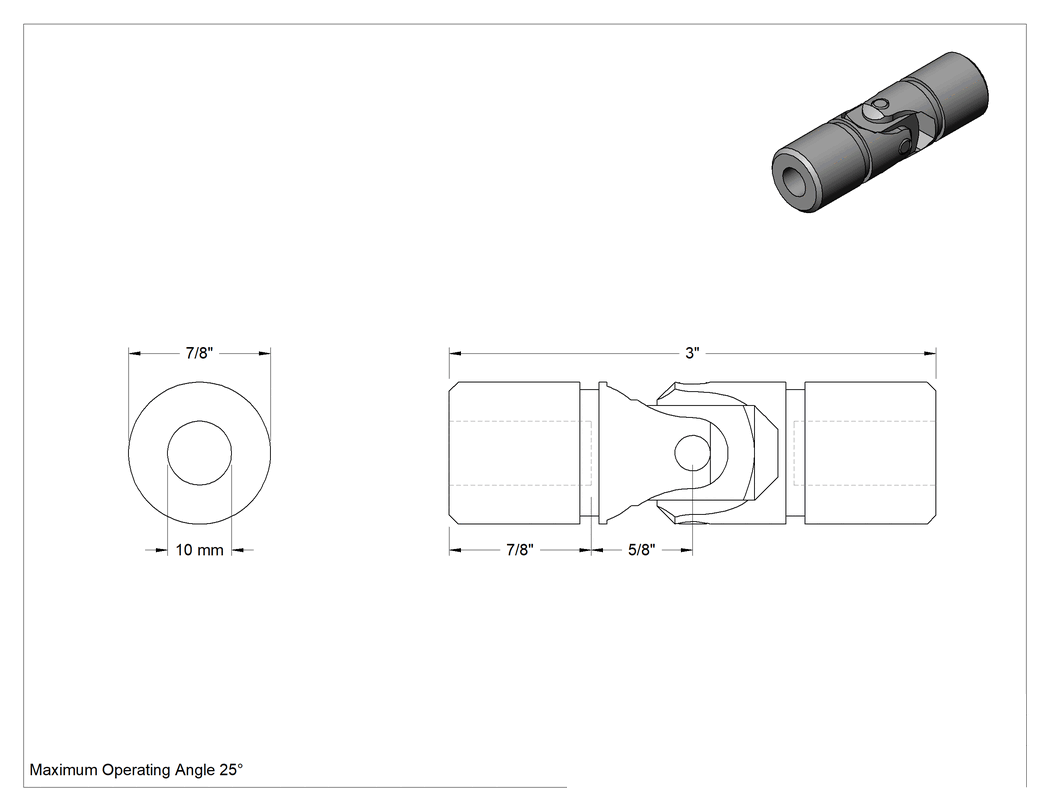 Teknik Çizim - Tek U-Mafsal, Pim ve Blok, Çelik, 10 mm Çap x 7/8" Derinlik Mil