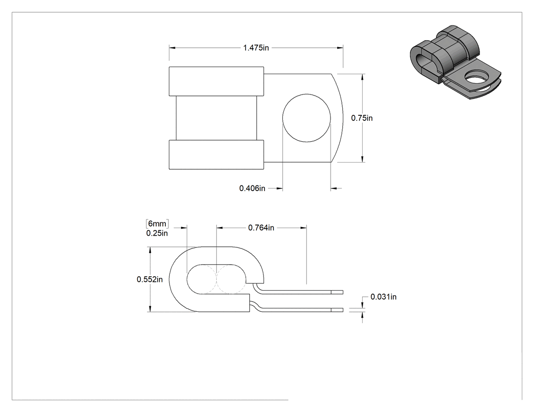 Teknik Çizim - Titreşim Sönümleyici Halka Kelepçe, Çok Satırlı, EPDM Yastıklı Çinko Kaplı Çelik, 1/4" İç Çap