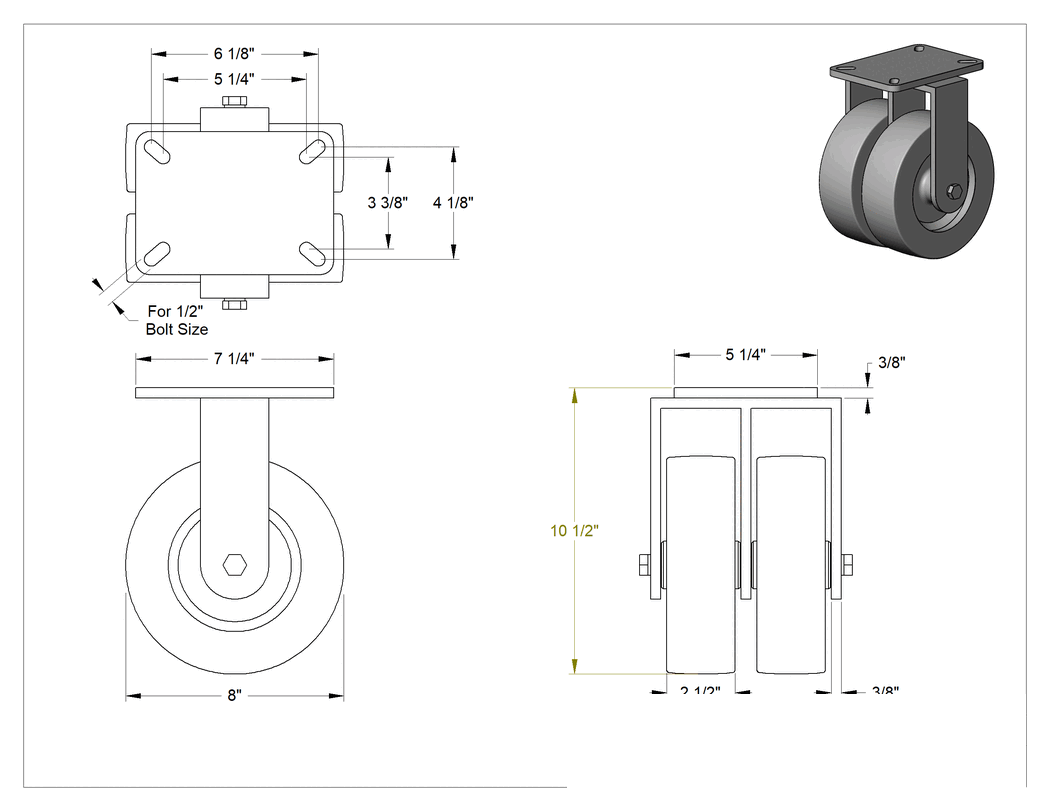 Teknik Çizim - 7-1/4" x 5-1/4" Plakalı Stronghart Tekerlek, Ekstra Yüksek Kapasiteli, 8 inç Çaplı Fenolik Tekerlekli Sert