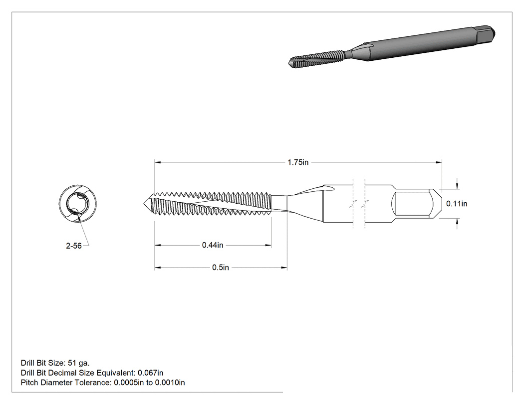 Teknik Çizim - Nikel için Talaş Temizleme Musluğu, Delikli Diş Açma, 2-56 Diş Boyutu, 0.44" Diş Uzunluğu