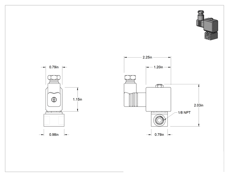 Teknik Çizim - Soğutma Suyu için Kompakt Solenoid Açma/Kapama Valfi, 1/8 NPT Dişi, DIN Bağlantılı Pirinç Gövde, 24V AC, 0.13 Cv