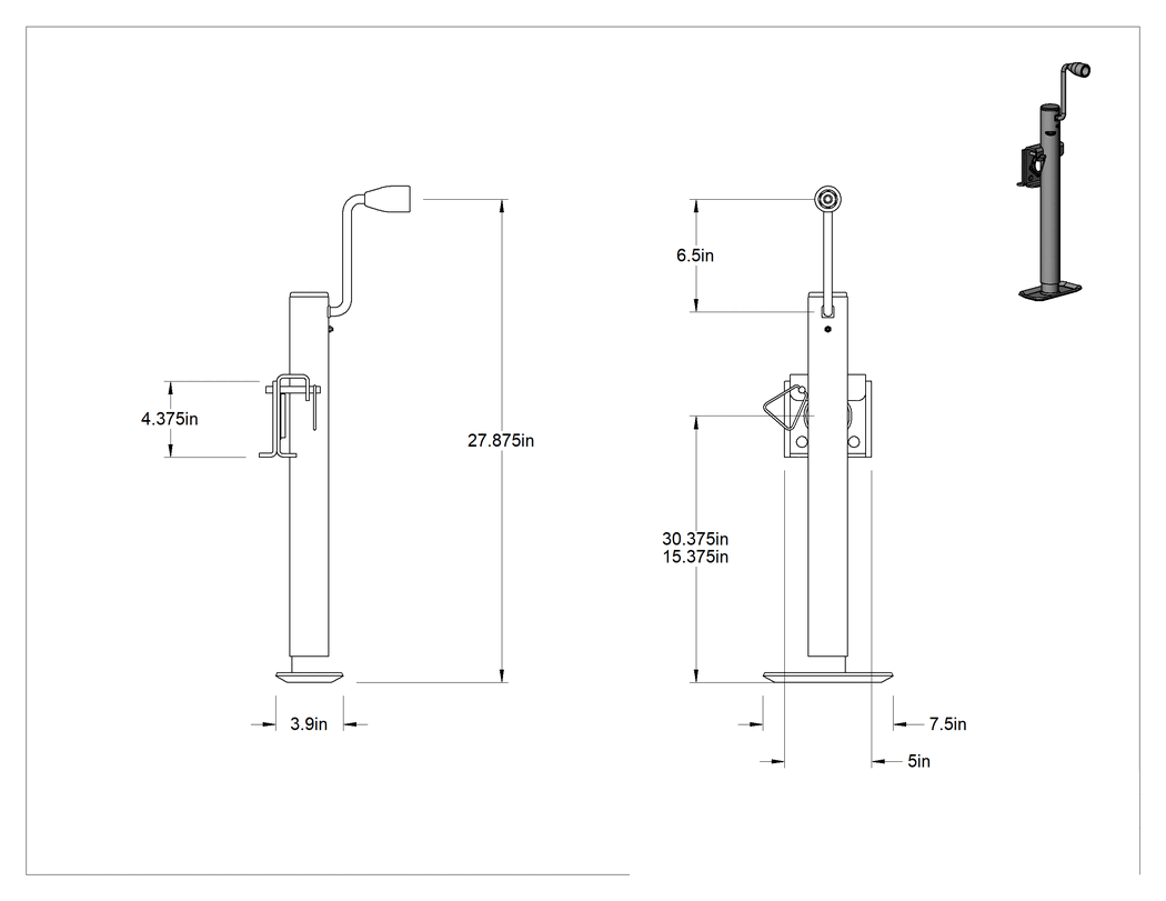 Teknik Çizim - Seviyeleme Krikosu, Dikdörtgen Plaka, Yan Tutamak, 15-3/8" ila 30-3/8" Yükseklik