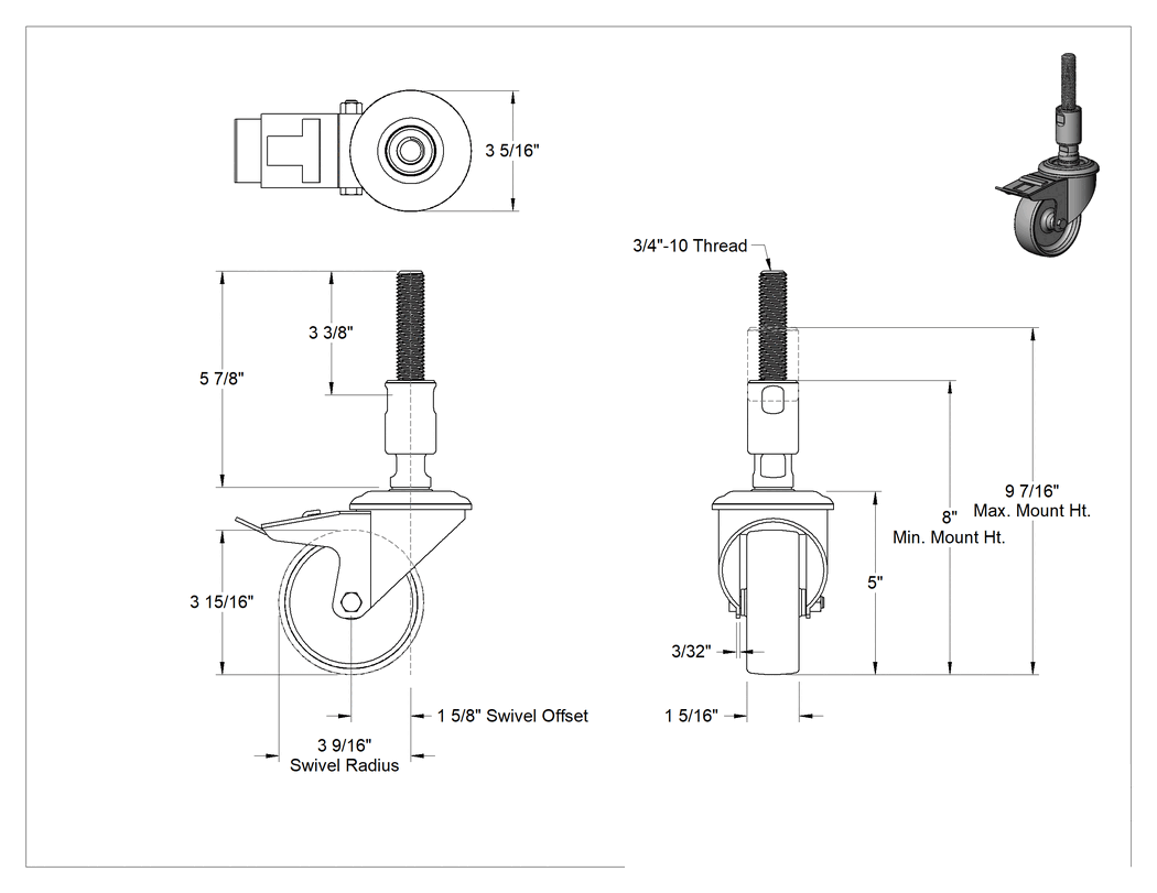 Teknik Çizim - Hijyenik Dişli Saplı Tekerlek, 3/4"-10 Gövde Diş Boyutu, 8" ila 9-7/16" Montaj Yüksekliği