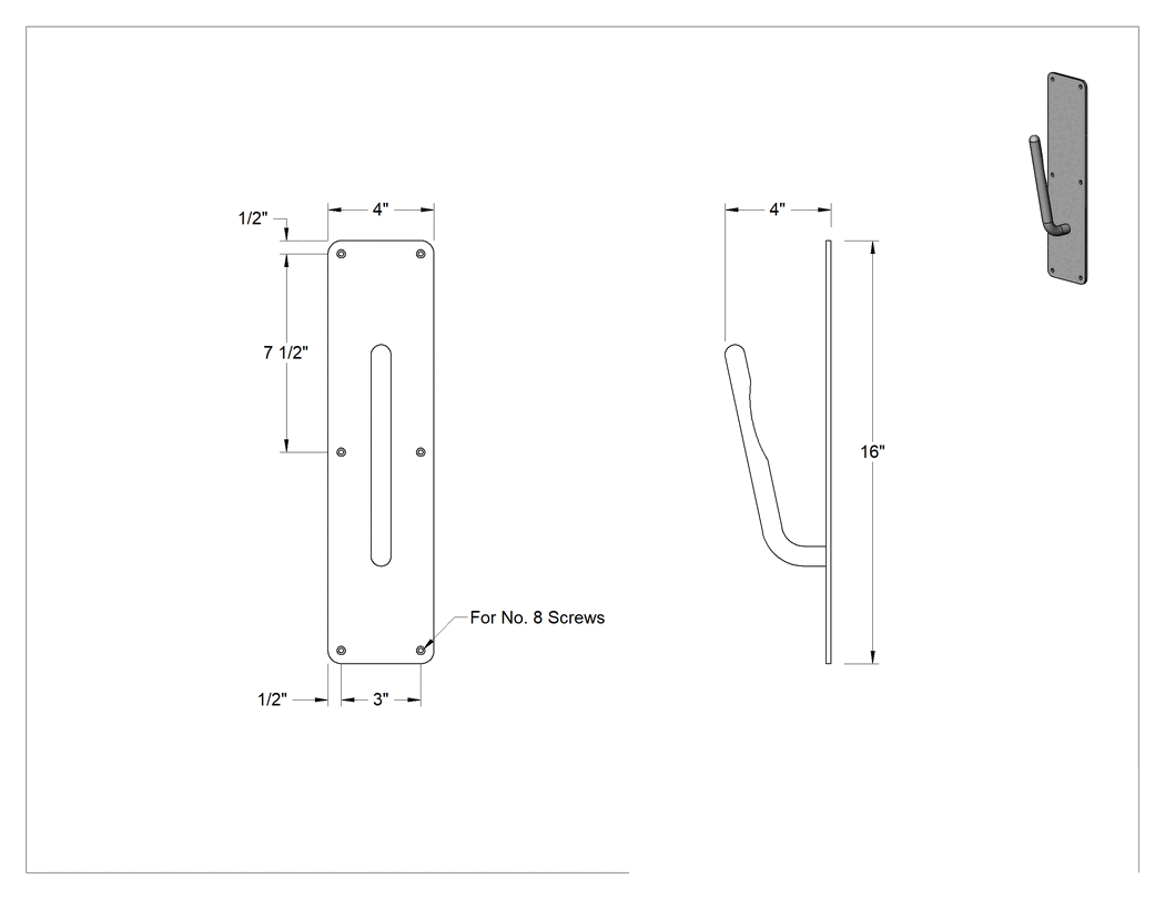 Teknik Çizim - Paslanmaz Çelik Kol Çekme Kolu, 3/4" Genişlik x 8-3/4 Yükseklik Başlık