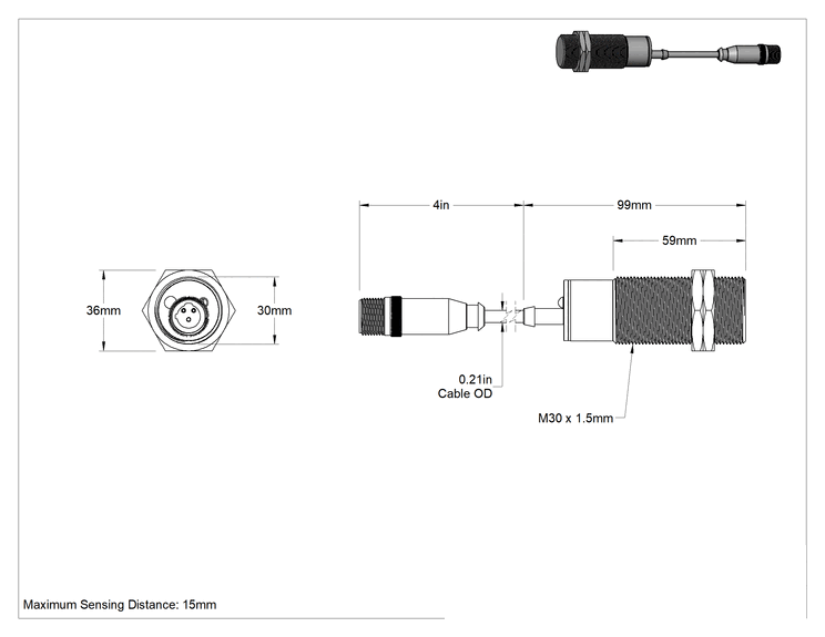 Teknik Çizim - Evrensel Nesne Yakınlık Anahtarı, AC/DC, 2 Kutuplu Mikro 1/2"-20 UNF Fiş, 1 Kapalı, 30 mm Çap