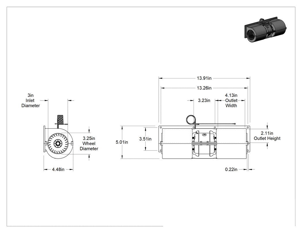 Teknik Çizim - Açık Motor Muhafazalı 24 V DC Üfleyici