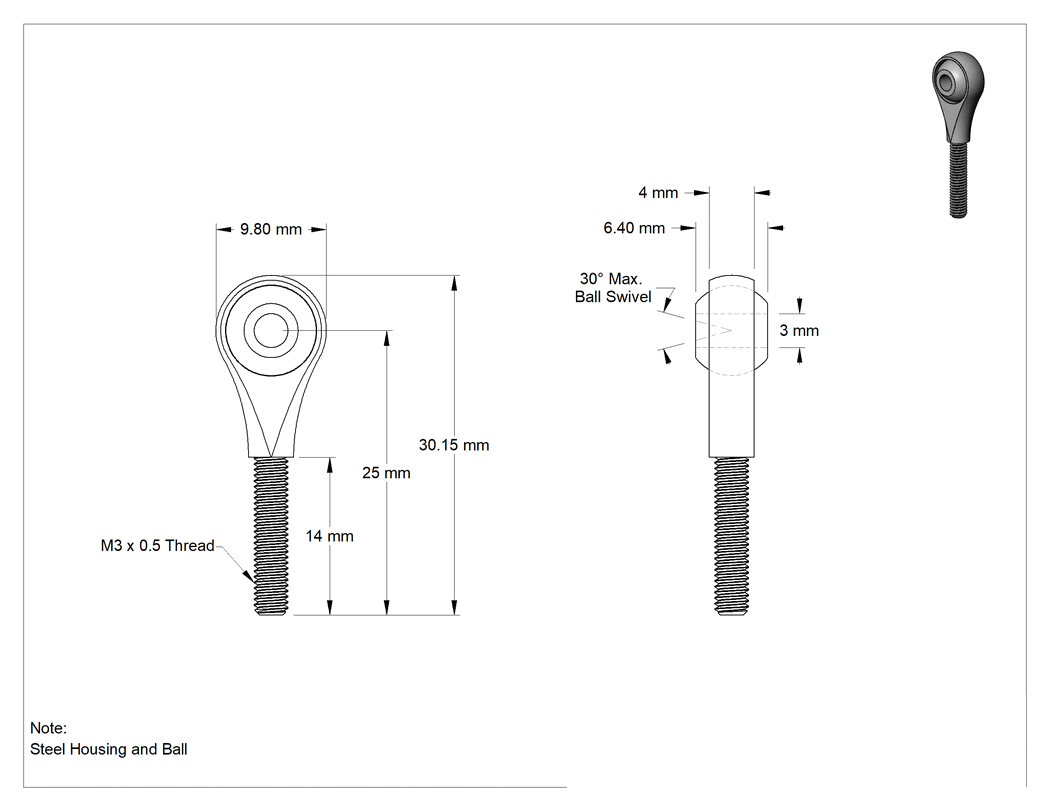 Teknik Çizim - Bilyalı Mafsal Çubuk Ucu, M3 x 0.5 mm Diş, Sağ Yönlü