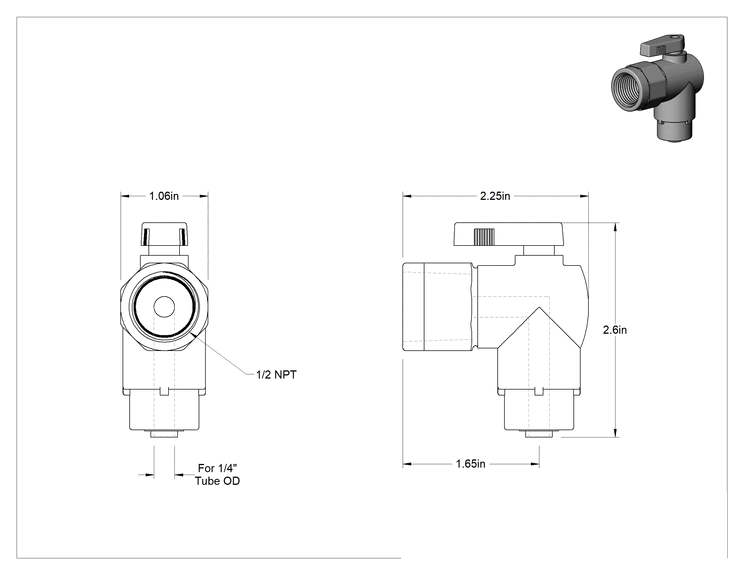 Teknik Çizim - Kimyasallar için Açma/Kapama Vanası, PVC, 90 Derece Adaptör, 1/4" Bağlantı x 1/2 NPT Dişi