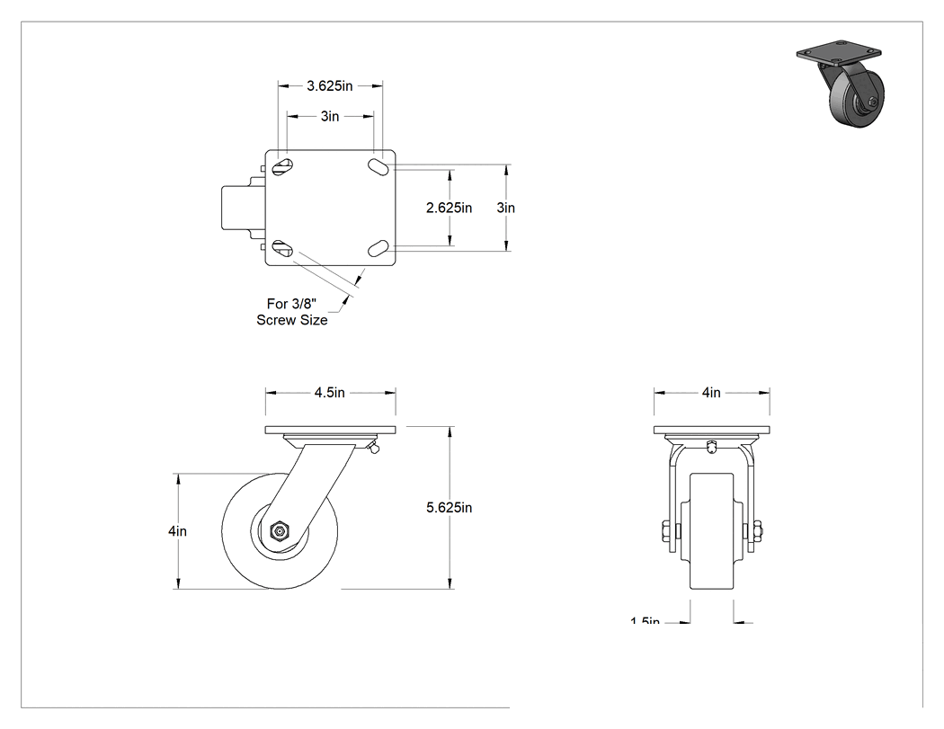 Teknik Çizim - Gıda Endüstrisi Tekerlekleri, 4" Çaplı Fenolik Tekerlekli Döner