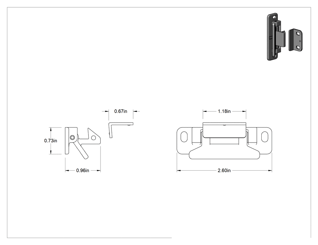 Teknik Çizim - Tepkiye Dayanıklı, Kulplu Bas-Kapat Mandalı, Gri Plastik, 2-5/8" Genişlik