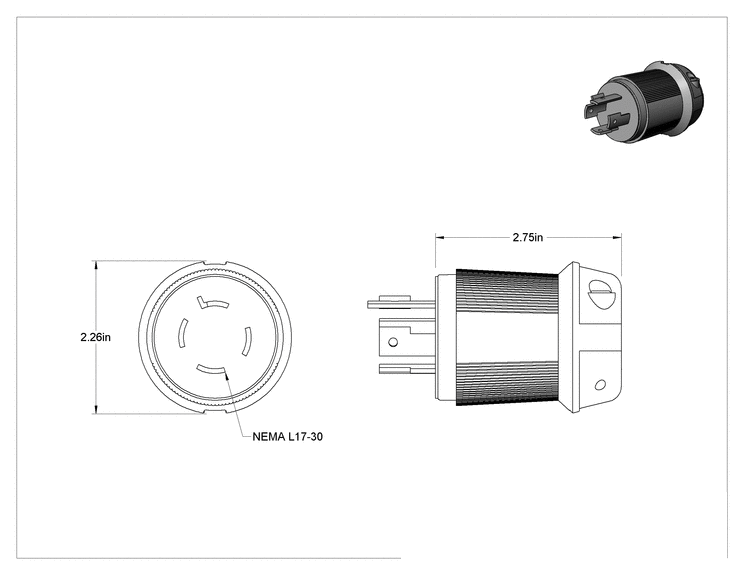 Teknik Çizim - Premium Dönme Kilitli Konektör, Dört uçlu fiş, Topraklanmış, NEMA L17-30