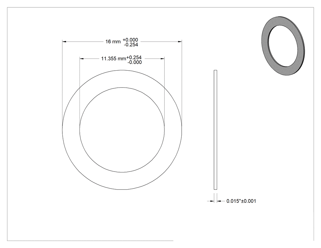Teknik Çizim - 1074-1095 Yaylı Çelik Şimler, 16 mm Çaplı Vida Omzunu Uzatmak için, 0.015 inç Kalınlık