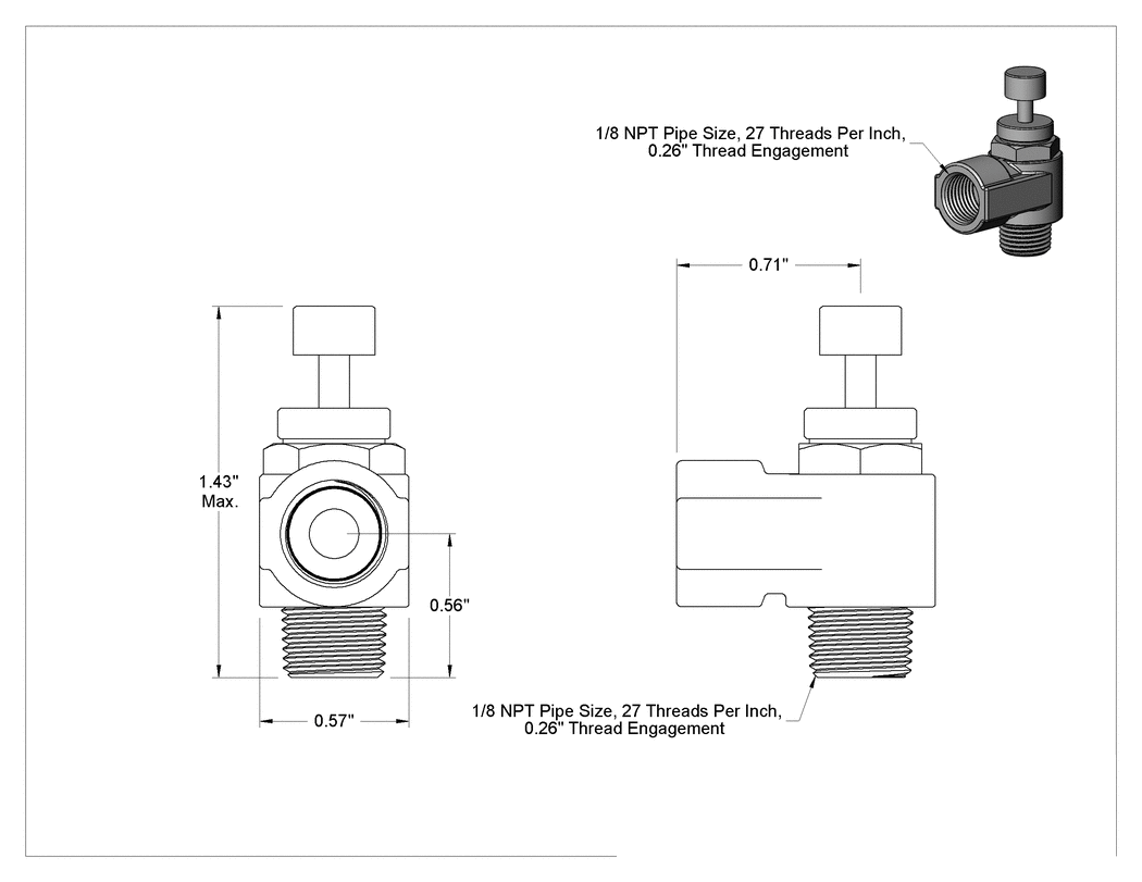 Teknik Çizim - Dirsek Hava Akış Kontrol Vanası, Çinko Gövde, 1/8 NPT Dişi Girişi x 1/8 NPT Erkek Çıkışı